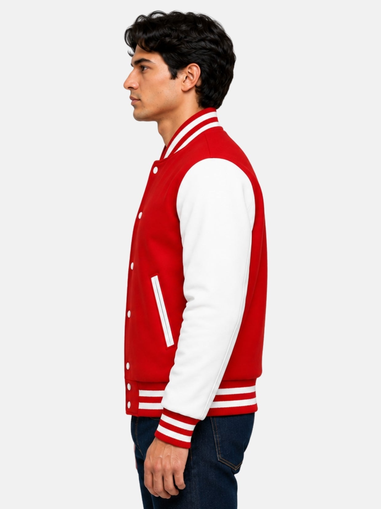 Side profile of scarlet varsity jacket with white cowhide sleeve and striped cuffs on model