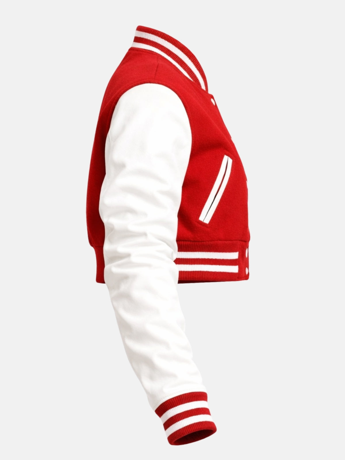 Red and white cropped varsity jacket with ribbed trim, right view