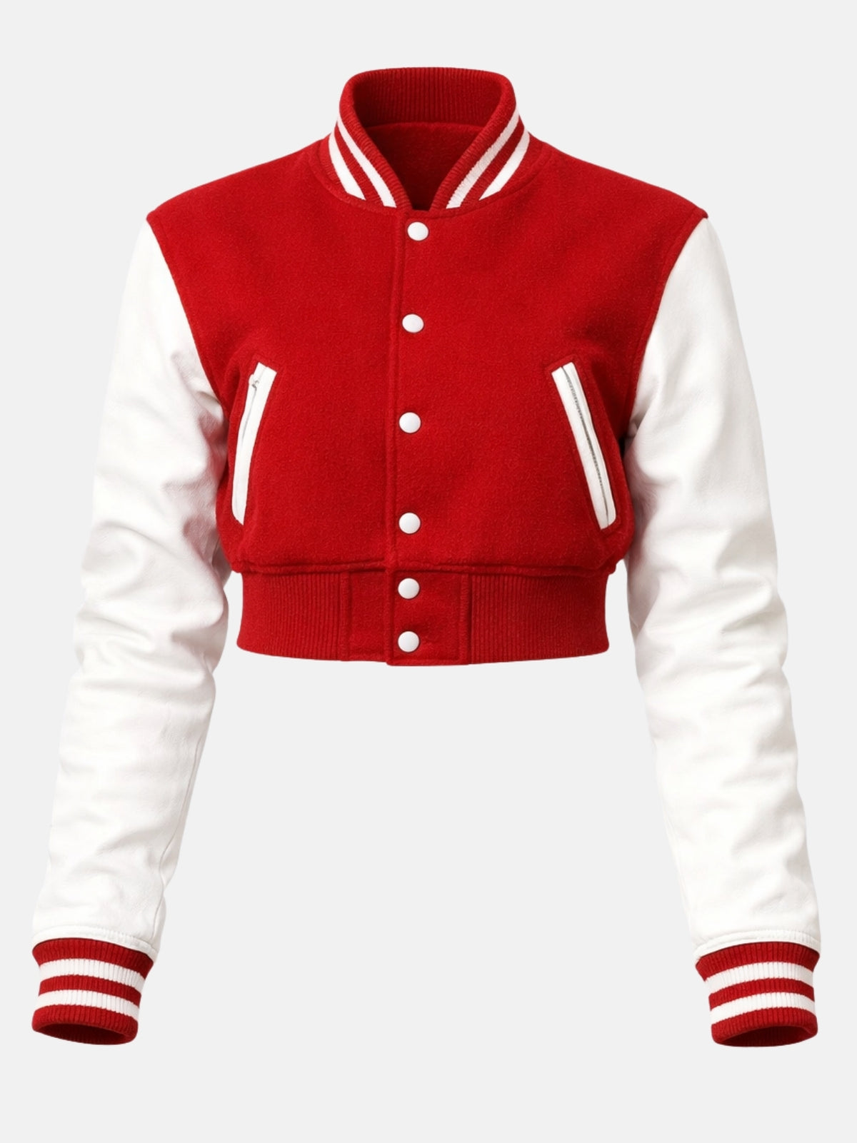 Red and white cropped varsity jacket with ribbed trim, front view