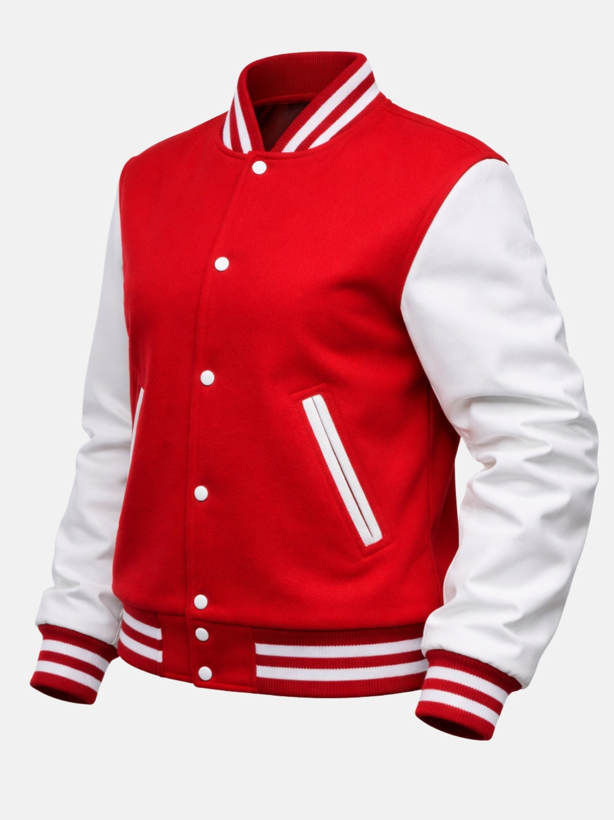 Angled front view of red letterman jacket with white leather sleeves and snap placket