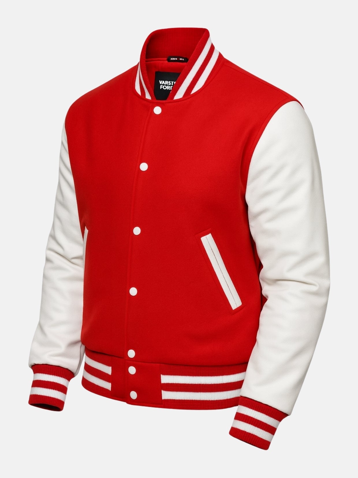 Angled view of red and white letterman jacket showing white snap front and ribbed hem