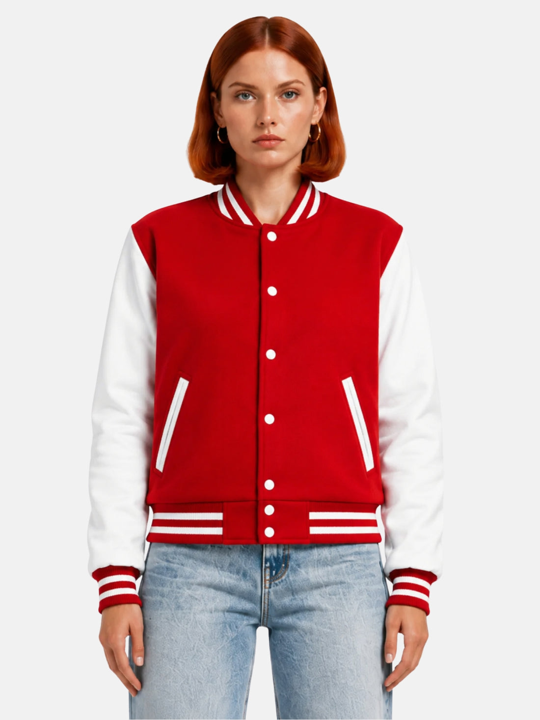 Woman wearing a red varsity jacket with white leather sleeves and striped rib trims