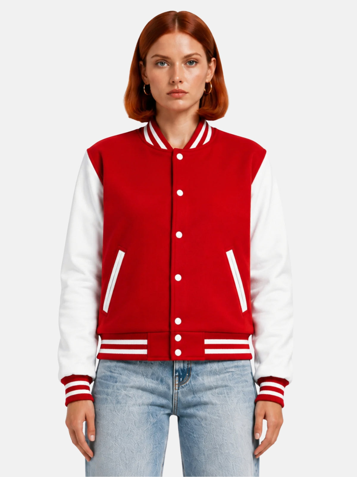 Woman wearing a red varsity jacket with white leather sleeves and striped rib trims