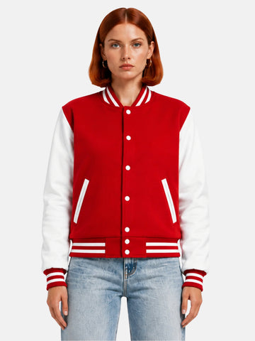 Woman wearing a red varsity jacket with white leather sleeves and striped rib trims