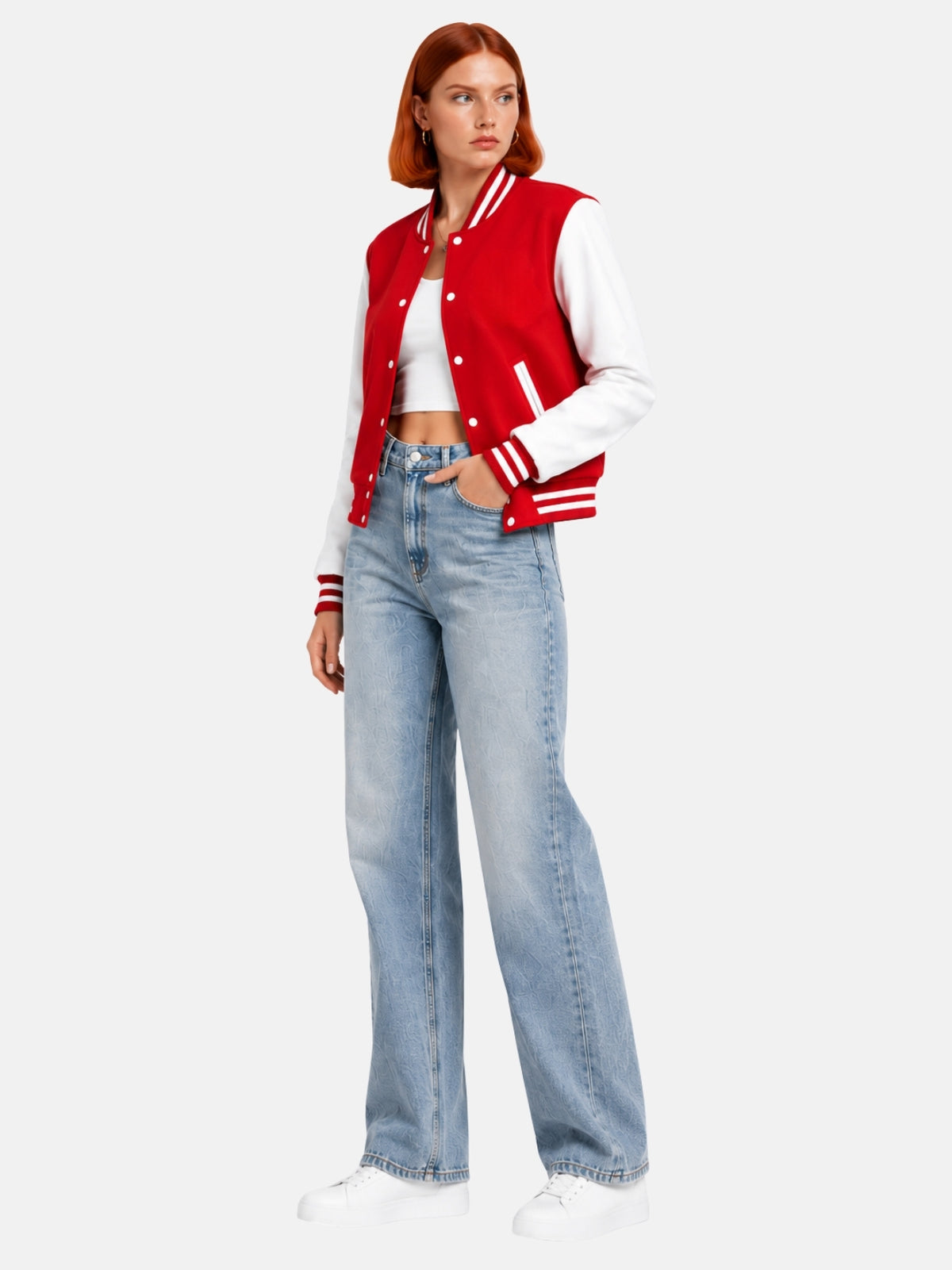 Full-length view of female model in red and white letterman jacket with light-wash denim