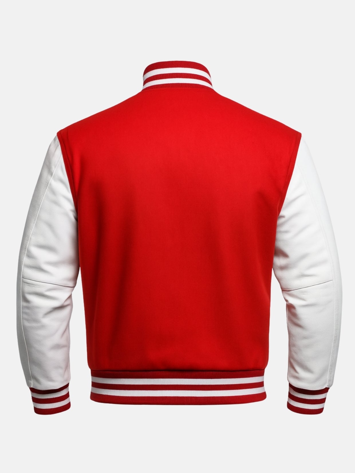 Customization-ready blank back of red wool varsity jacket with white leather sleeves