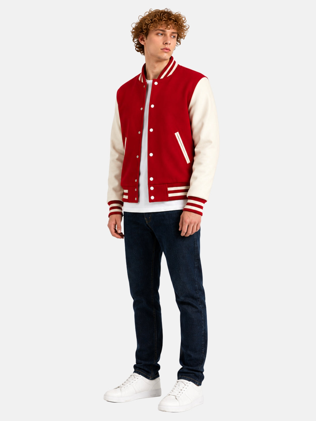 Man wearing a red and white varsity jacket with striped rib trims and white snaps
