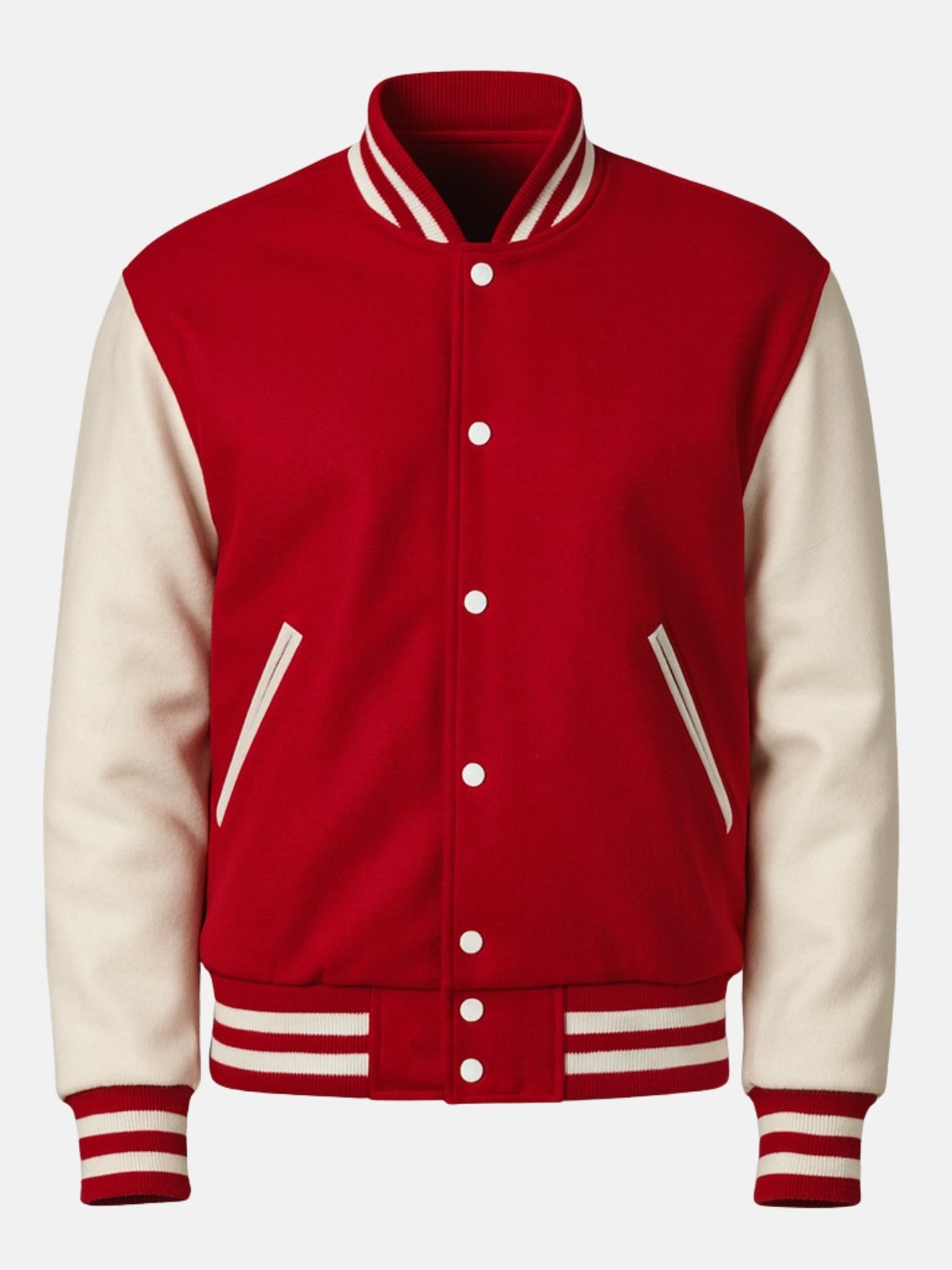 Red varsity jacket flat front with white snaps and cream-trimmed welt pockets