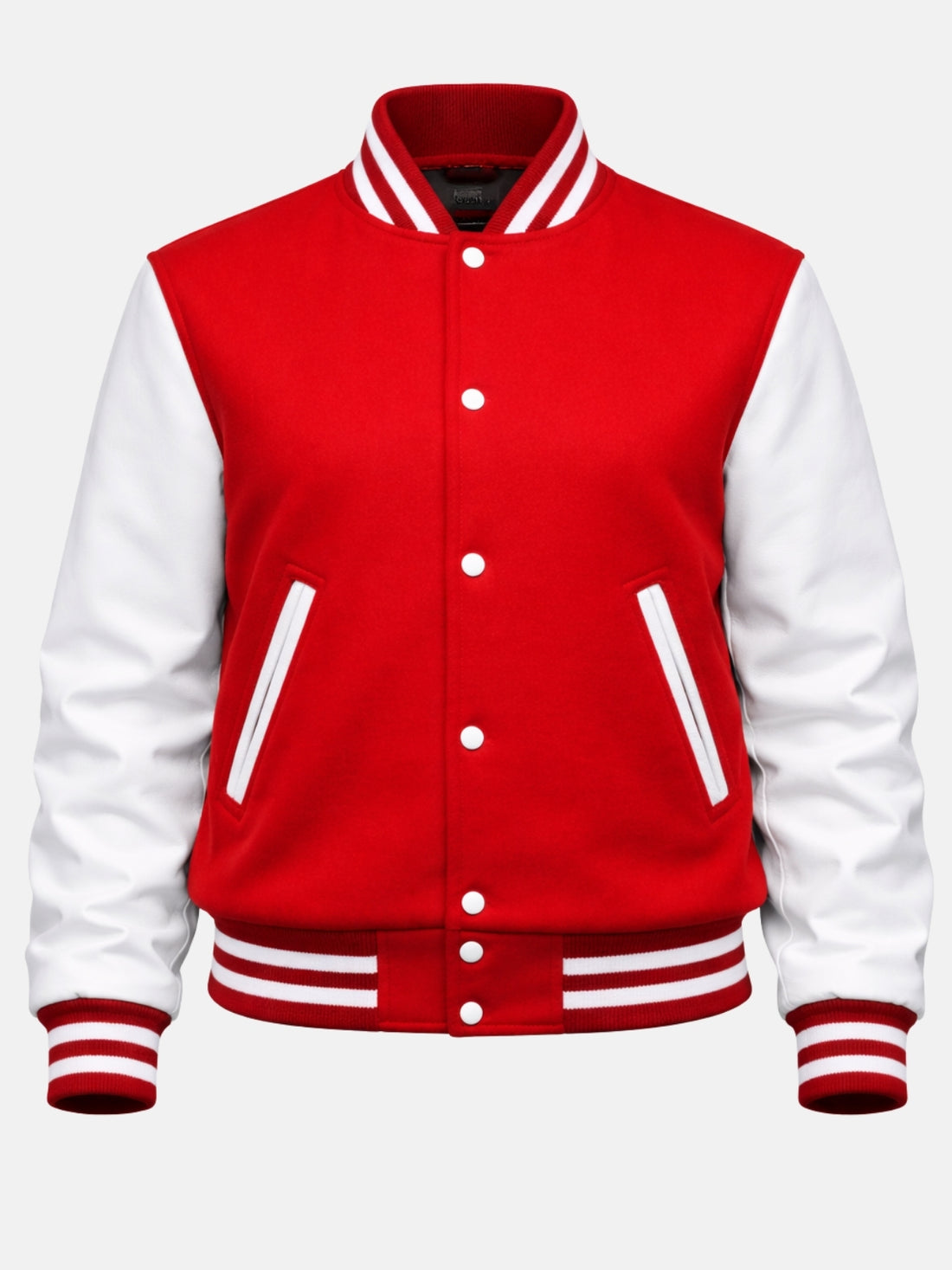Woman wearing a red varsity jacket with white leather sleeves and striped rib trims