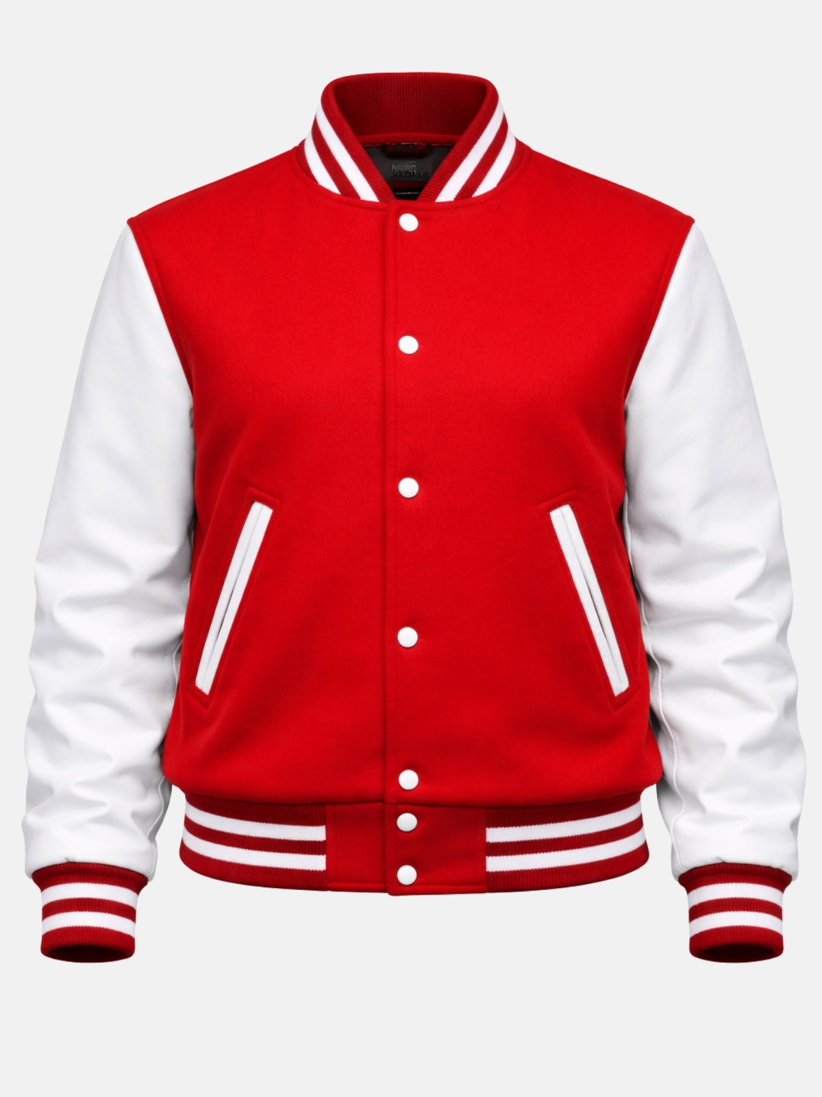 Red varsity jacket flat front with white snaps and white-trimmed welt pockets