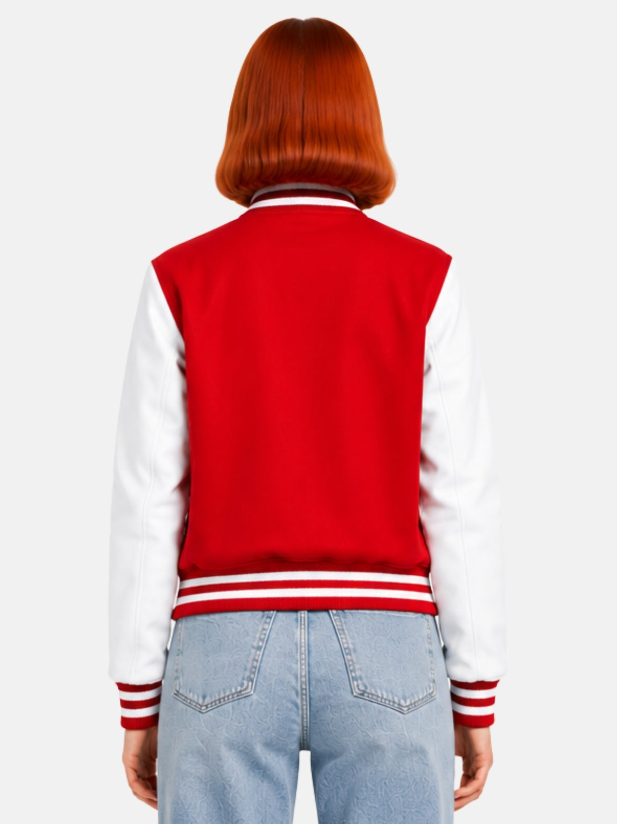 Back view of womens red varsity jacket with white sleeves and clean back panel