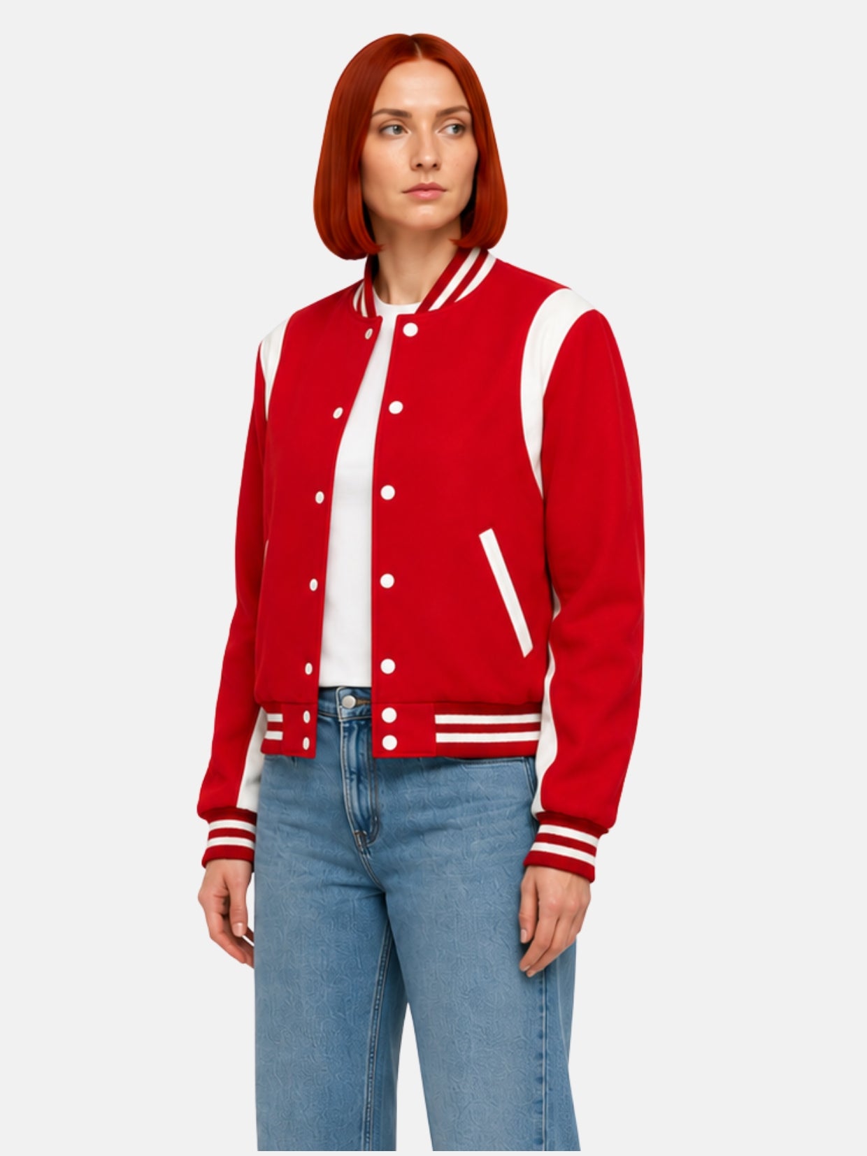 Angled view of red and white letterman jacket showing cropped fit