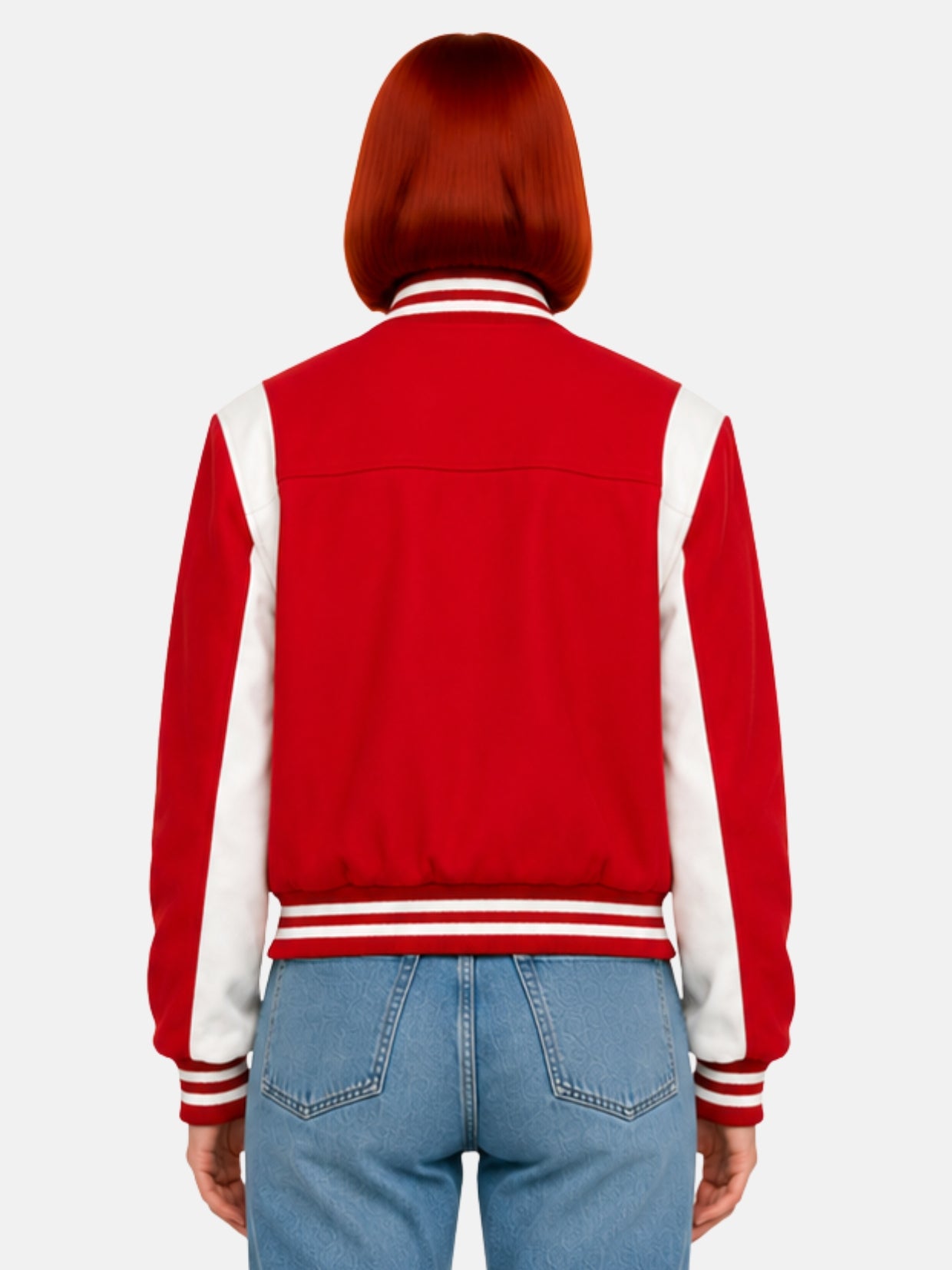 Back view of red letterman jacket with white curved sleeve panels
