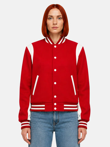 Red and white letterman jacket with curved sleeve panel on model