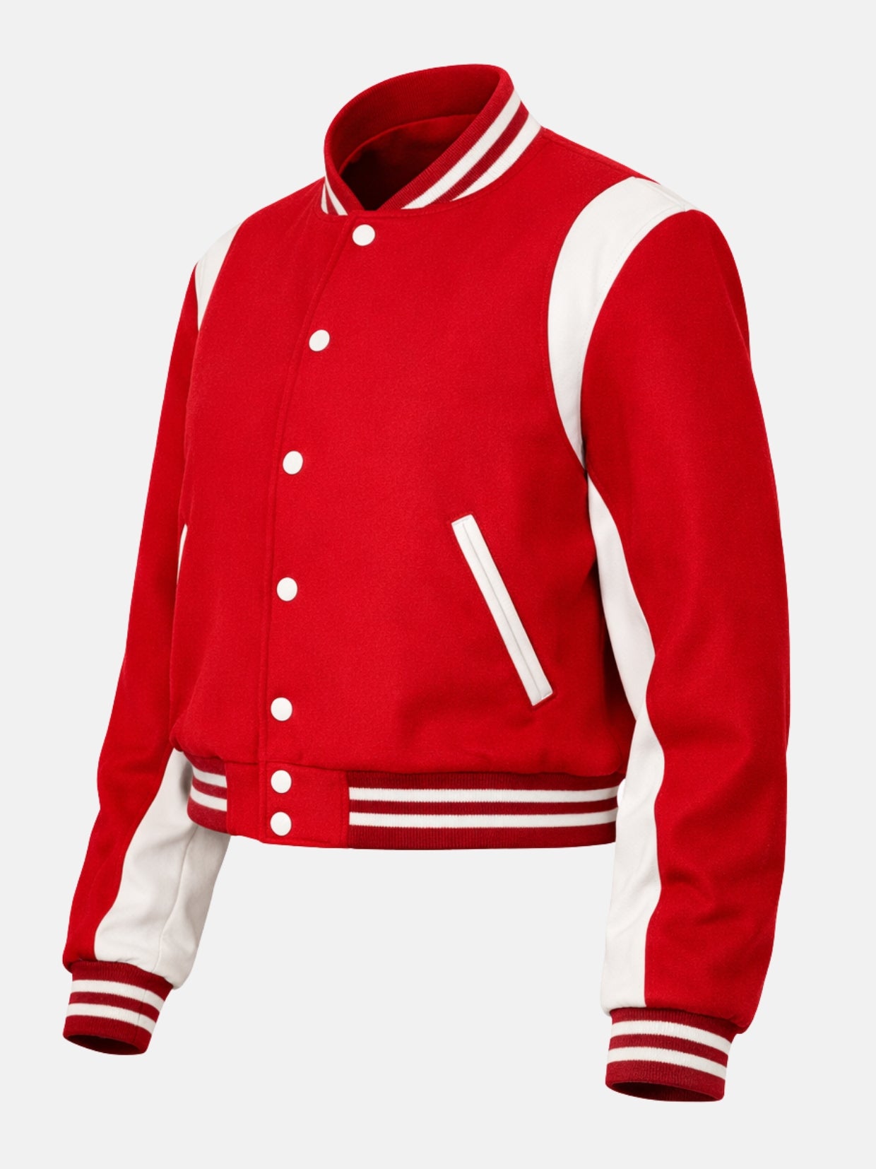 Angled flat lay of red and white jacket showing pocket and cuff trim