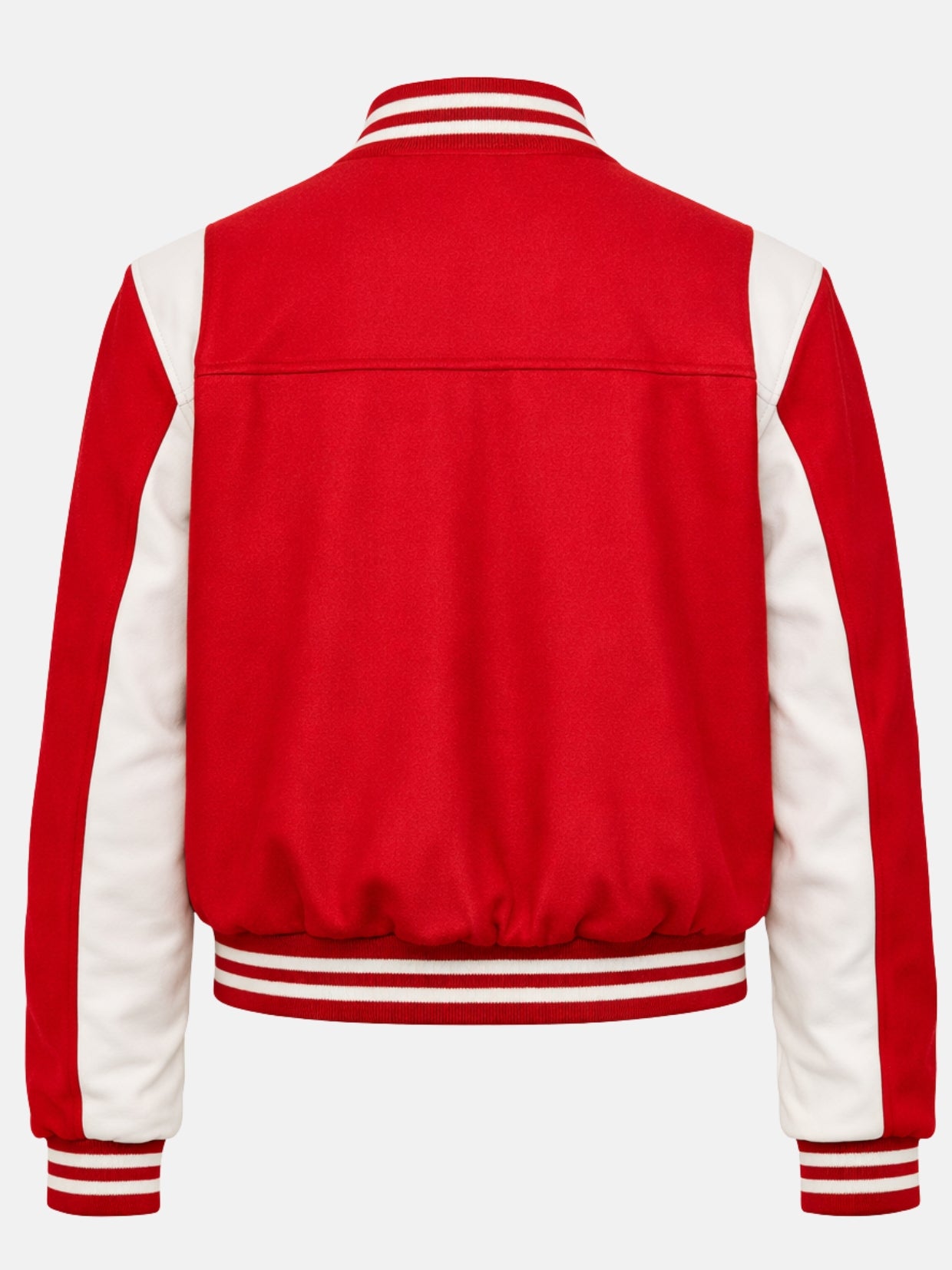 Flat lay back of red jacket showing the curved white sleeve panels