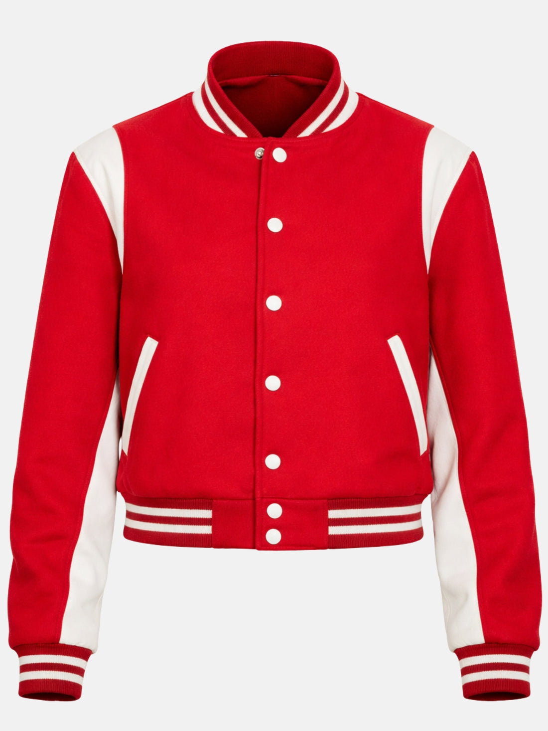 Red and white letterman jacket with curved sleeve panel on model