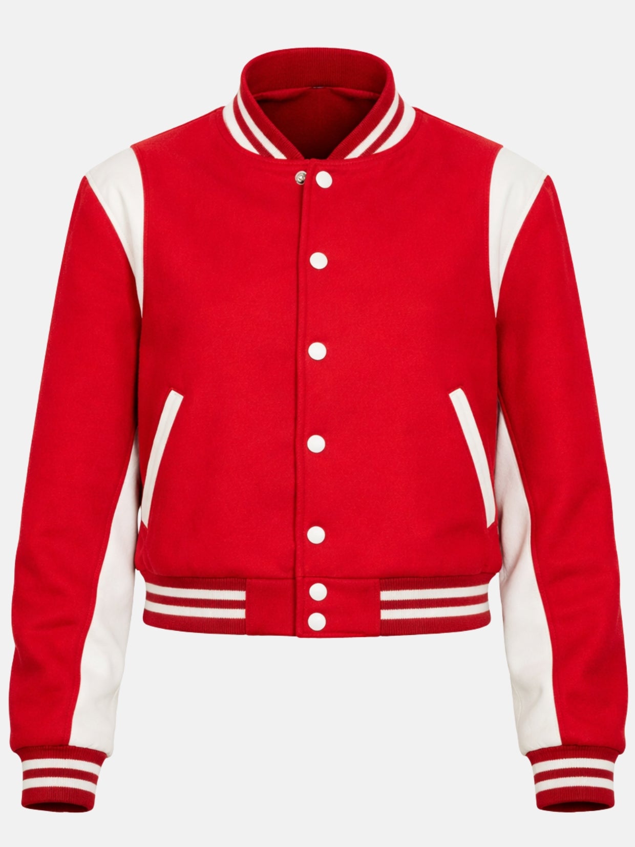 Flat lay of red and white jacket with silver snaps and piped pockets
