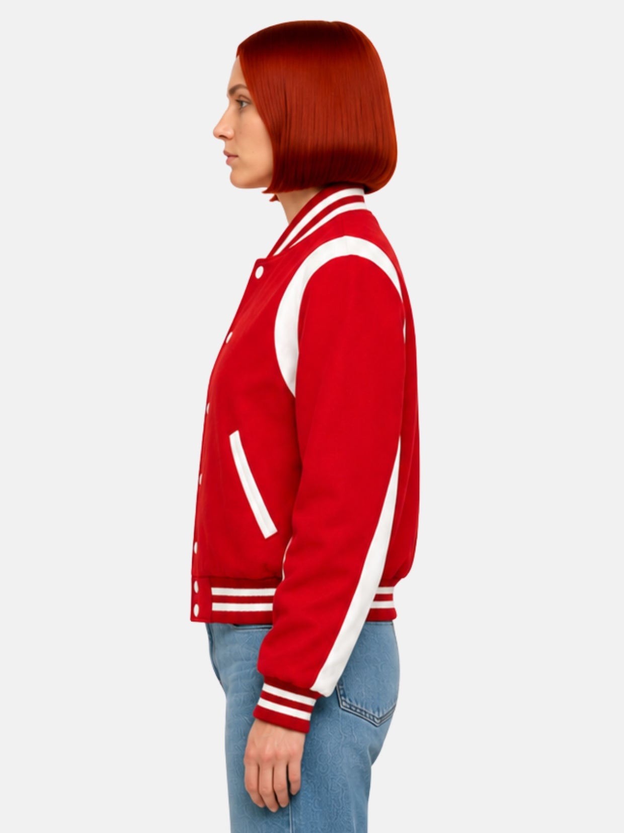 Side profile of red and white jacket showing the curved sleeve panel shape