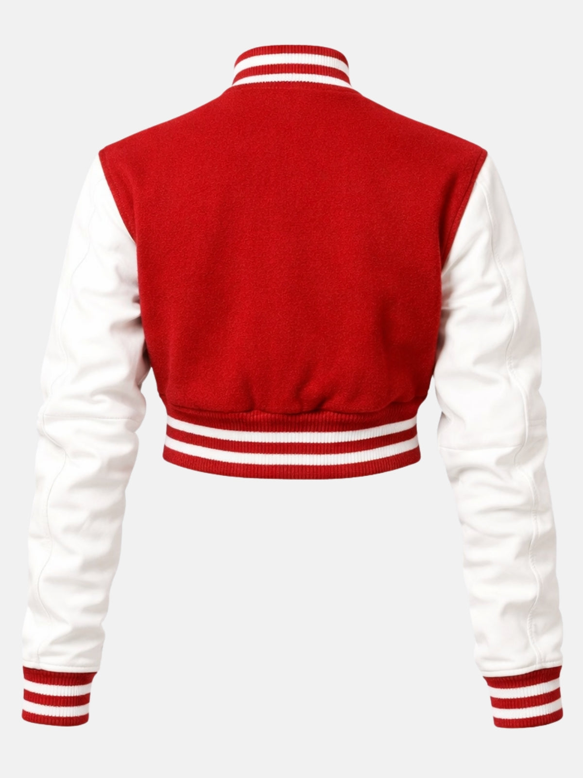 Flat lay, back, red wool panel with white leather sleeves meeting at a set-in shoulder seam