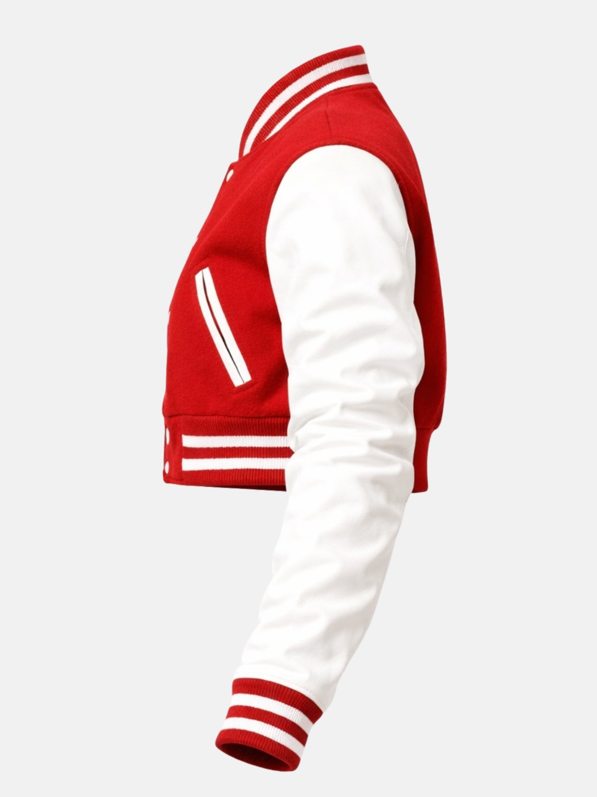Flat lay, straight side profile, sleeve extended showing the wool-to-leather transition