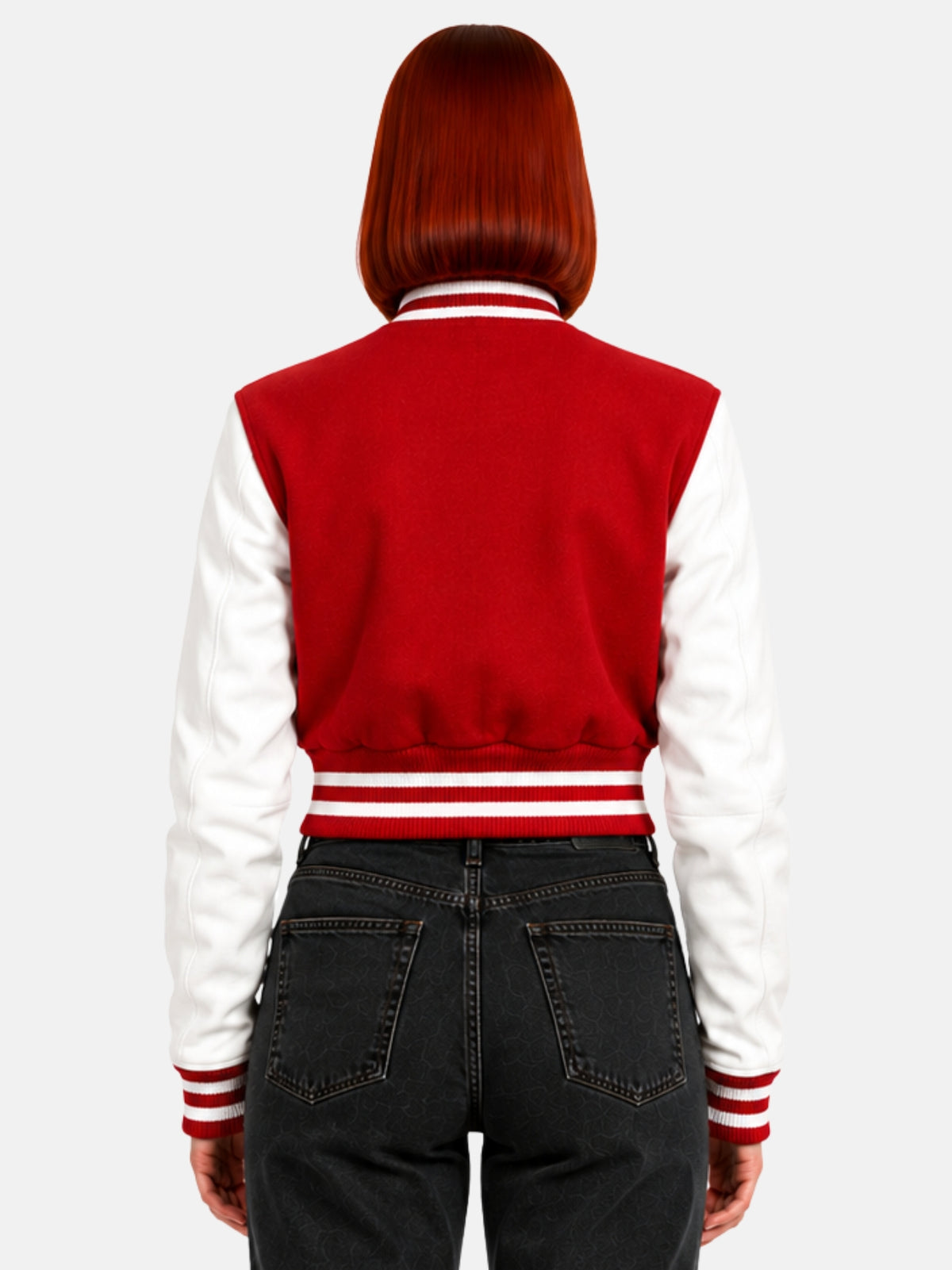Back view of model showing the solid red wool panel against the white leather sleeves