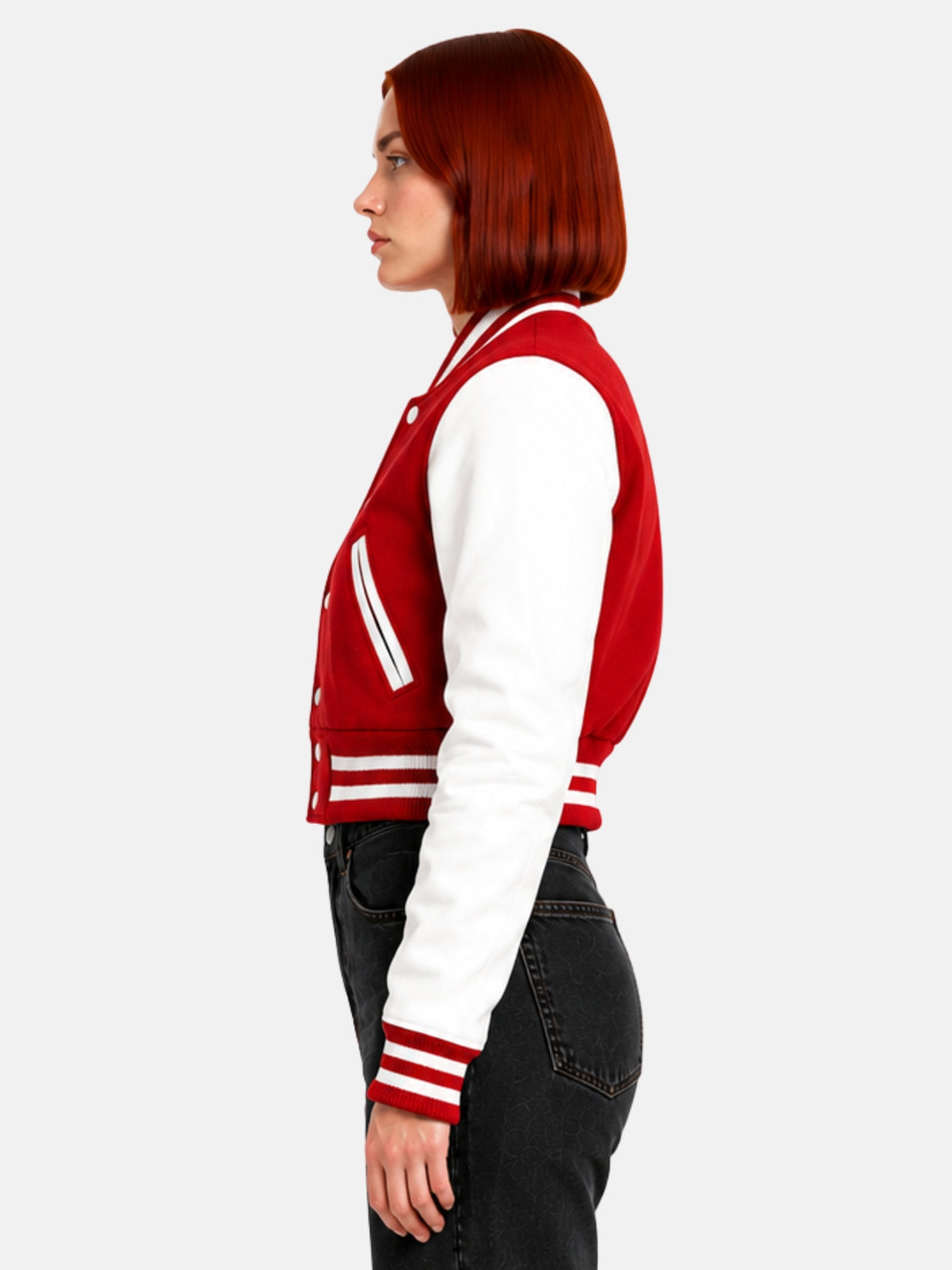 Side profile of model showing the zip-entry pocket against the red wool body