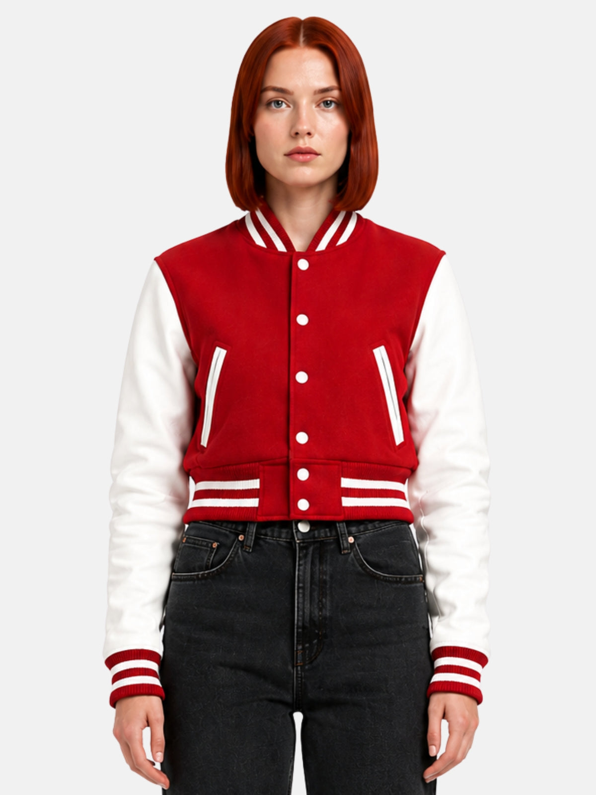 Model in red wool varsity jacket with white leather sleeves, snapped closed, front view