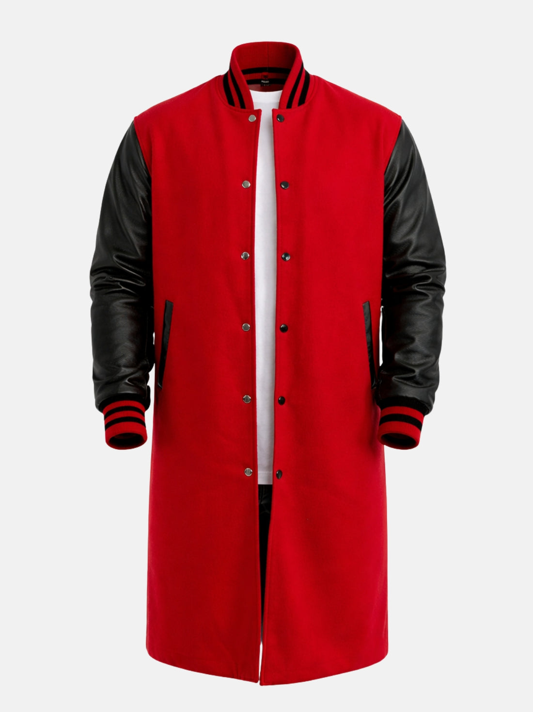 Man wearing knee-length red wool varsity coat with black leather sleeves and striped rib collar