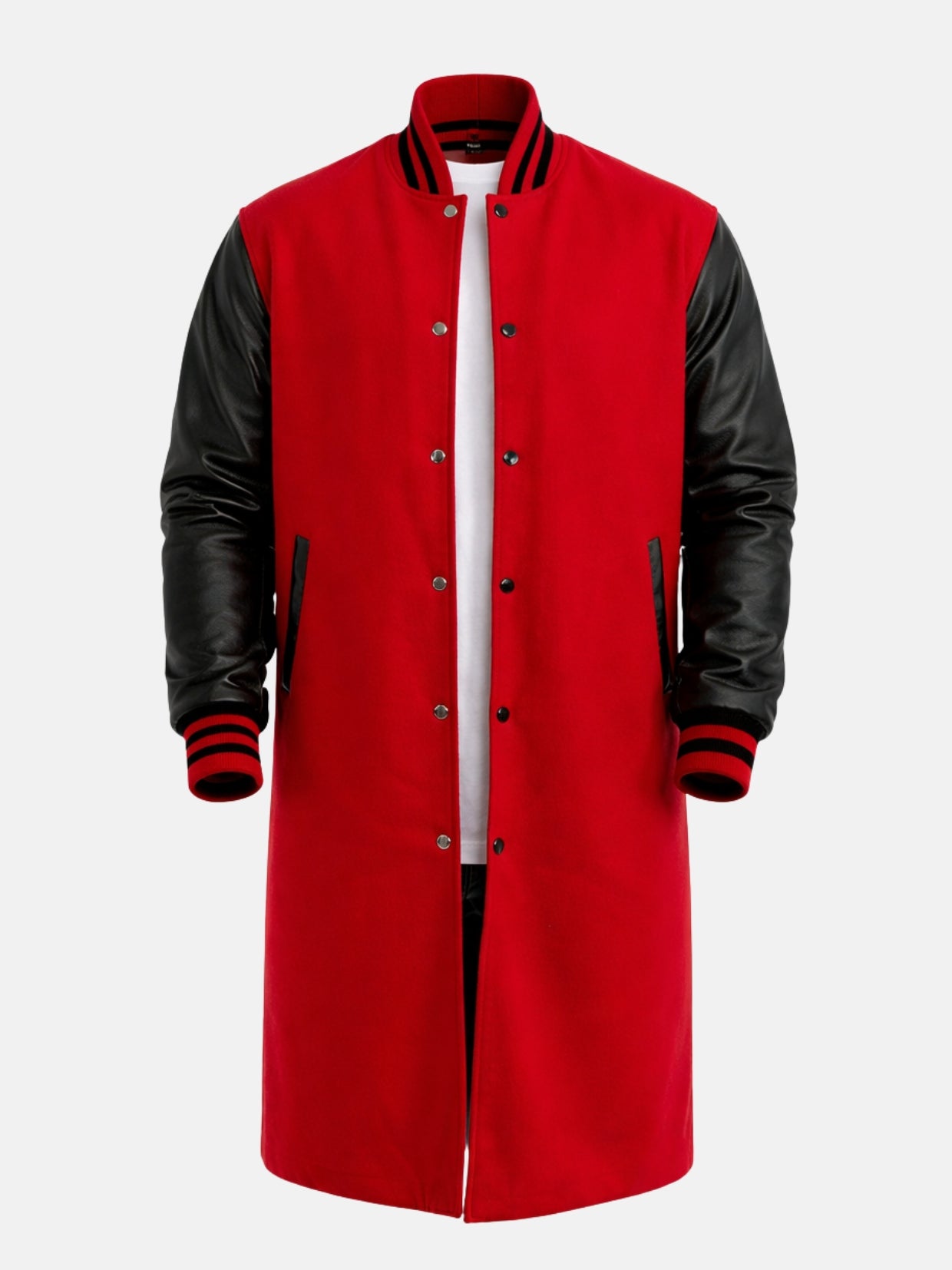 Red wool letterman coat with dark snap placket, black-trimmed pockets and striped trims