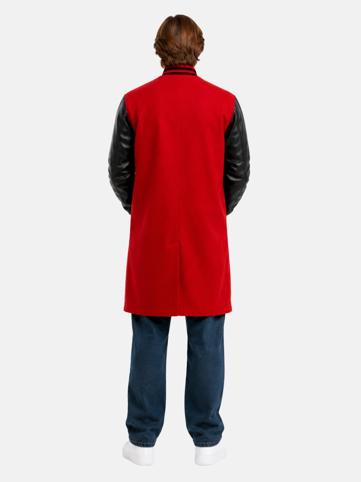 Back view of knee-length red wool varsity coat with black sleeves on model