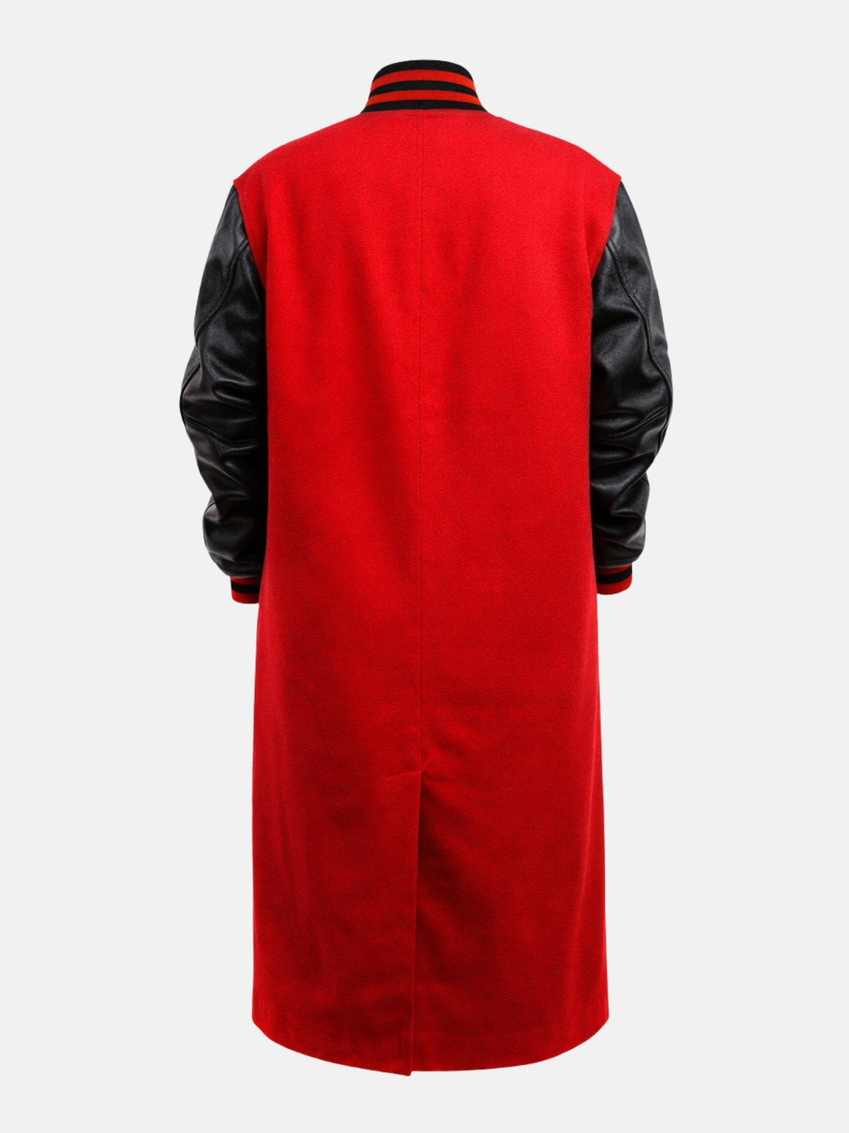 Red wool varsity coat for women, back detail close-up