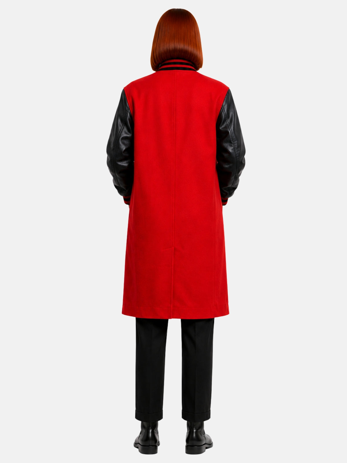 Red wool varsity coat for women, full back view