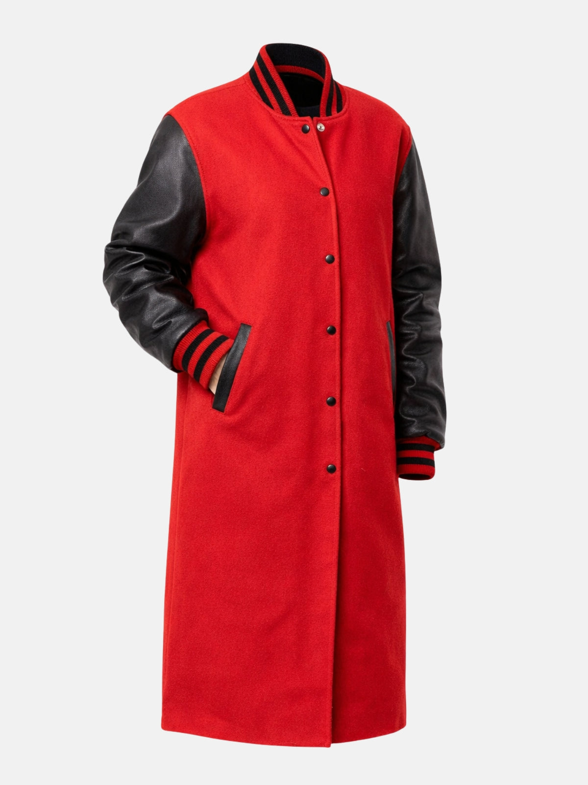 Red wool varsity coat for women, flat lay alternate three-quarter angle