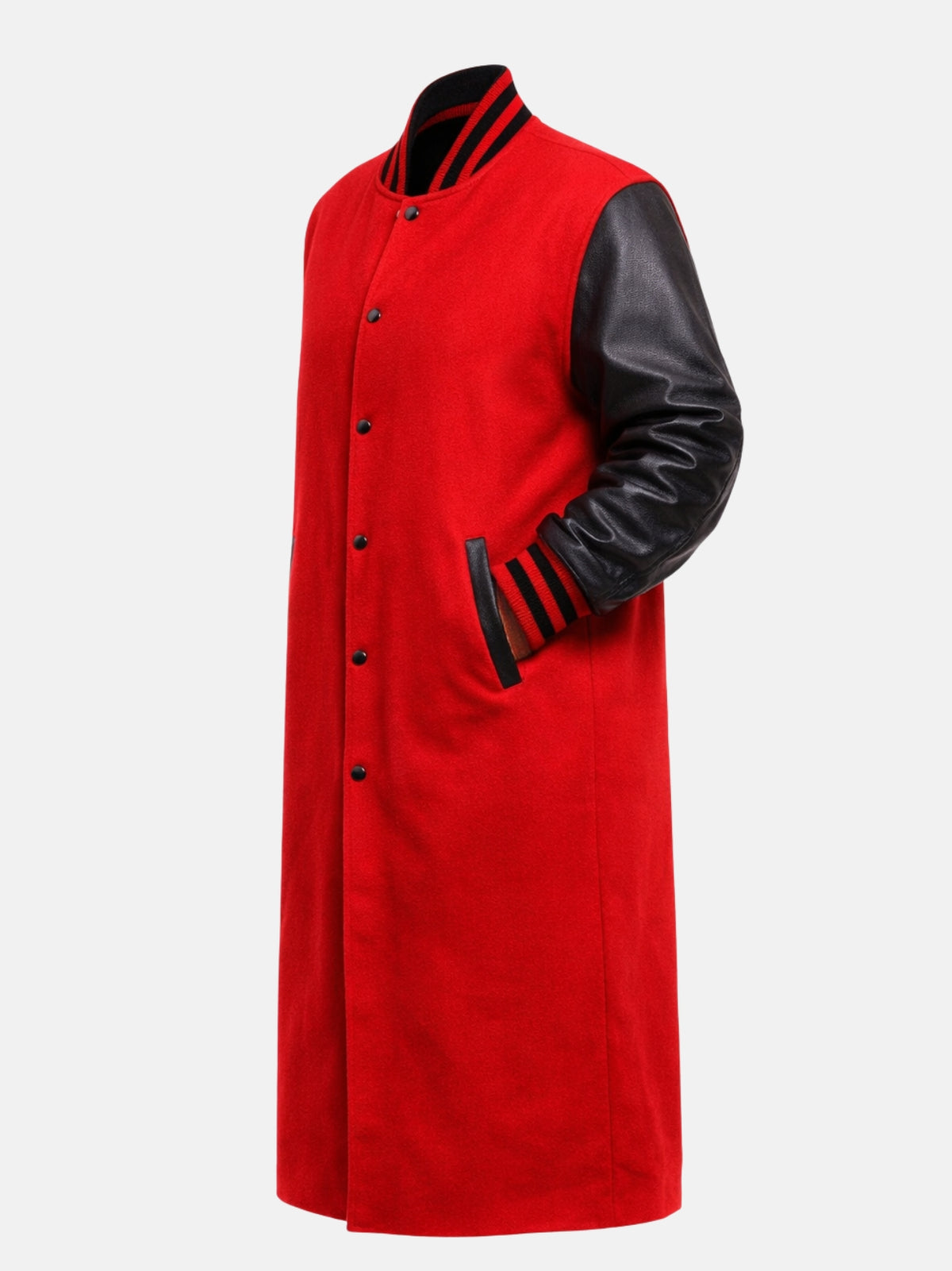 Red wool varsity coat for women, flat lay three-quarter angle