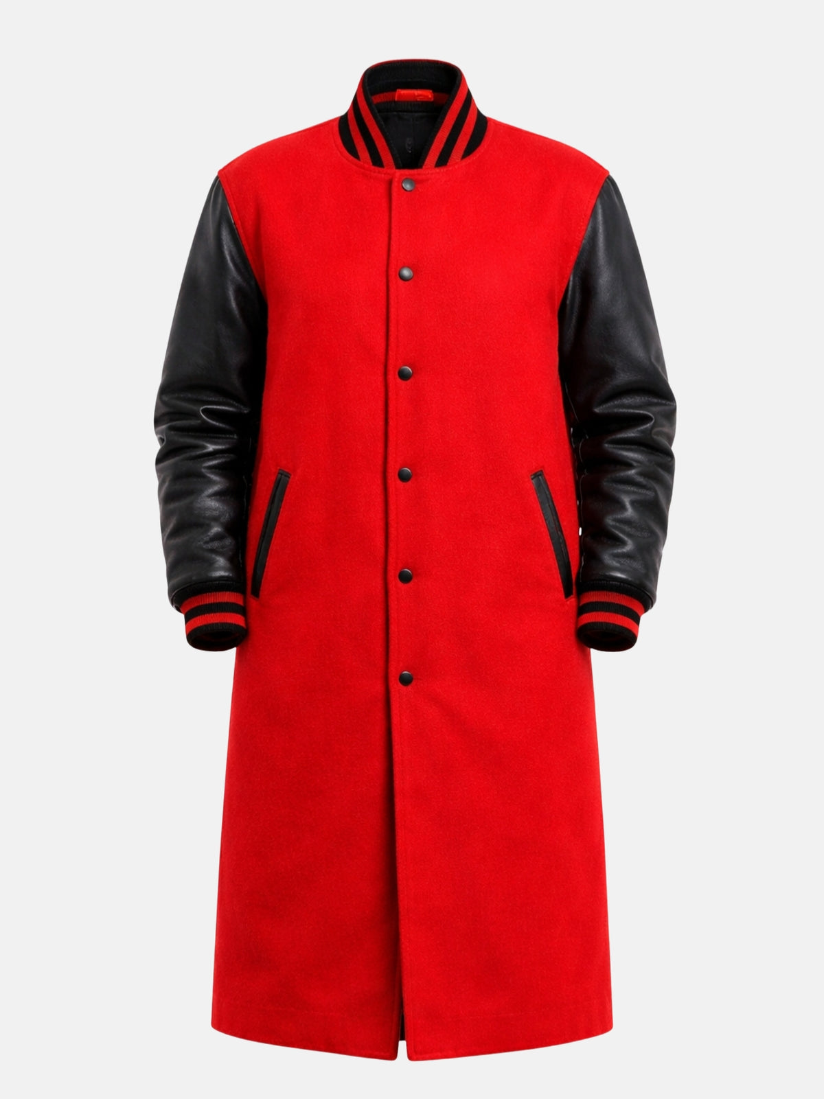 Red wool varsity coat for women, flat lay front