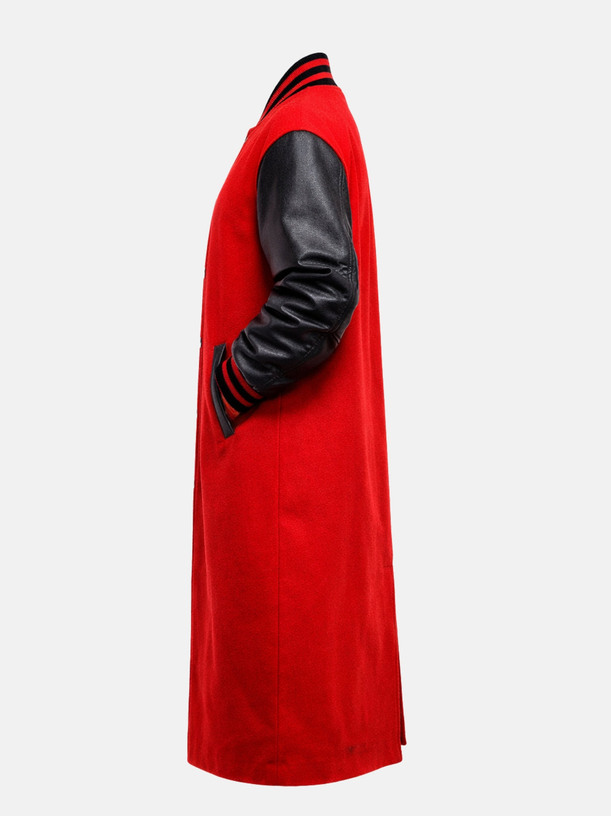 Red wool varsity coat for women, flat lay side profile