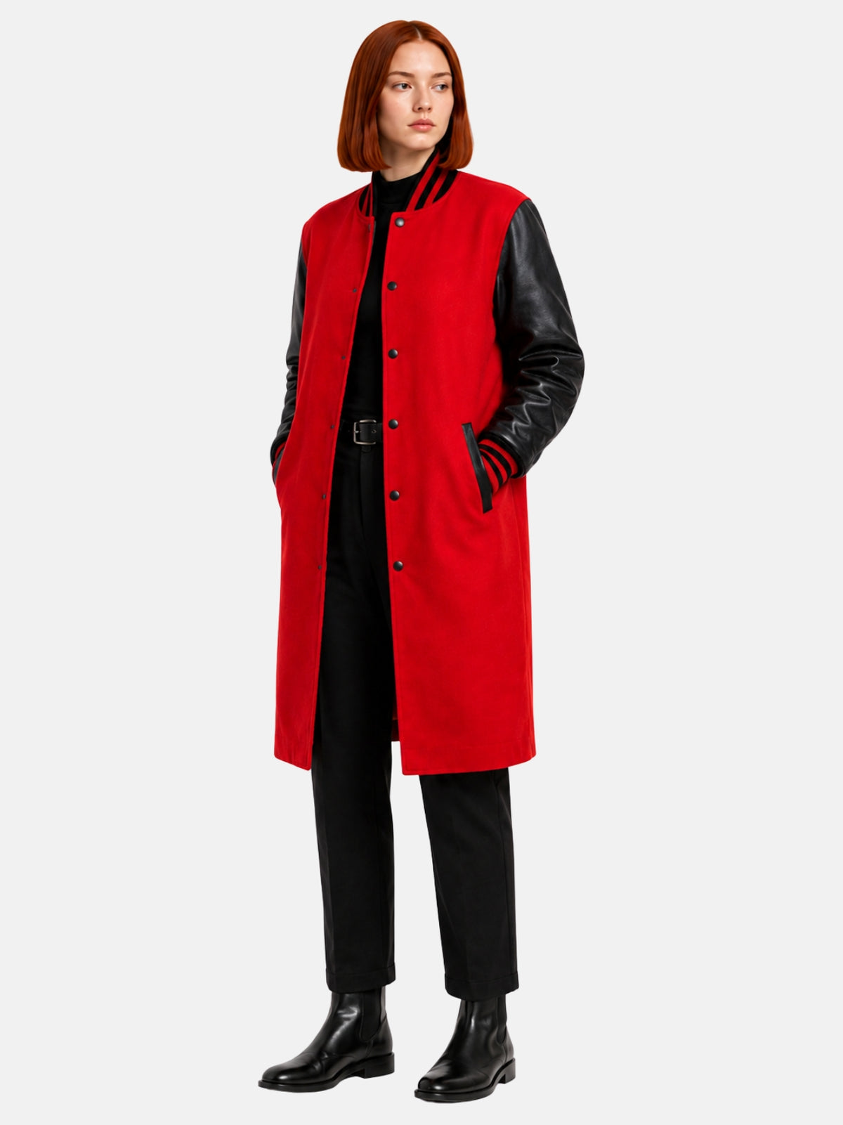 Red wool varsity coat for women, three-quarter front angle