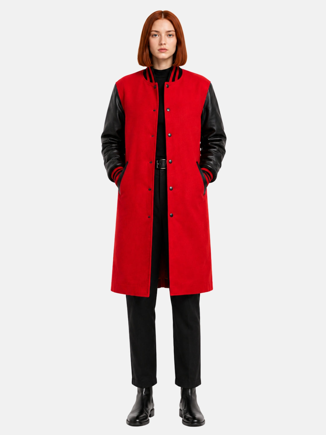 Red wool varsity coat for women, black leather sleeves, front view