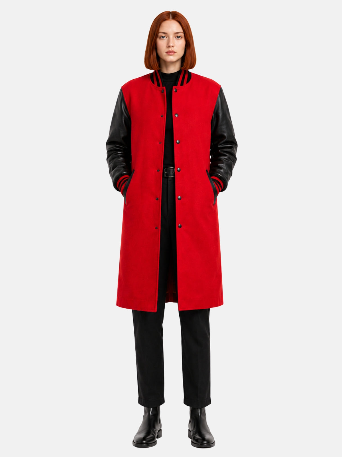 Red wool varsity coat for women, black leather sleeves, front view