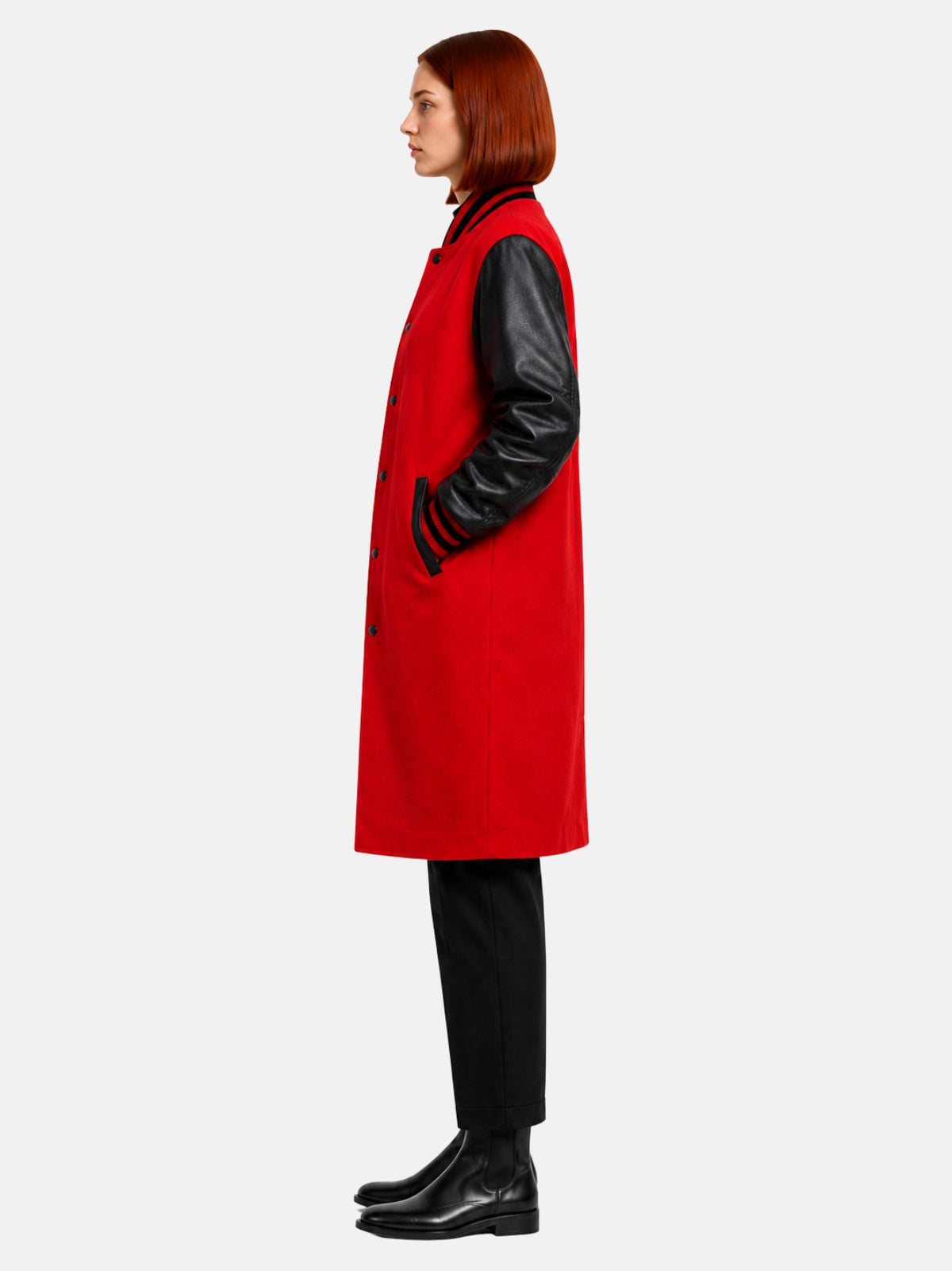 Red wool varsity coat for women, side profile view