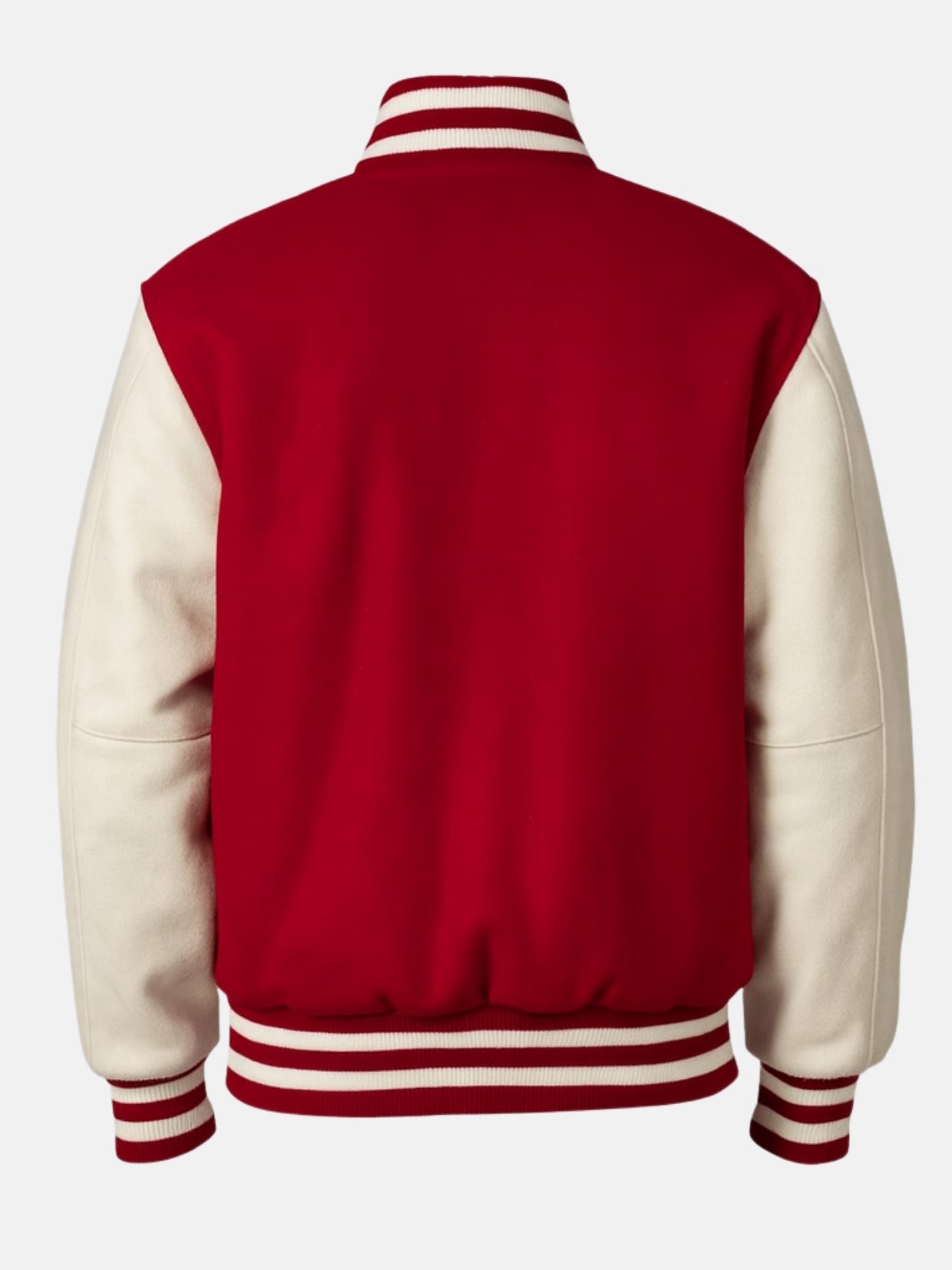 Flat back shot of red wool varsity jacket with cream sleeves and striped hem