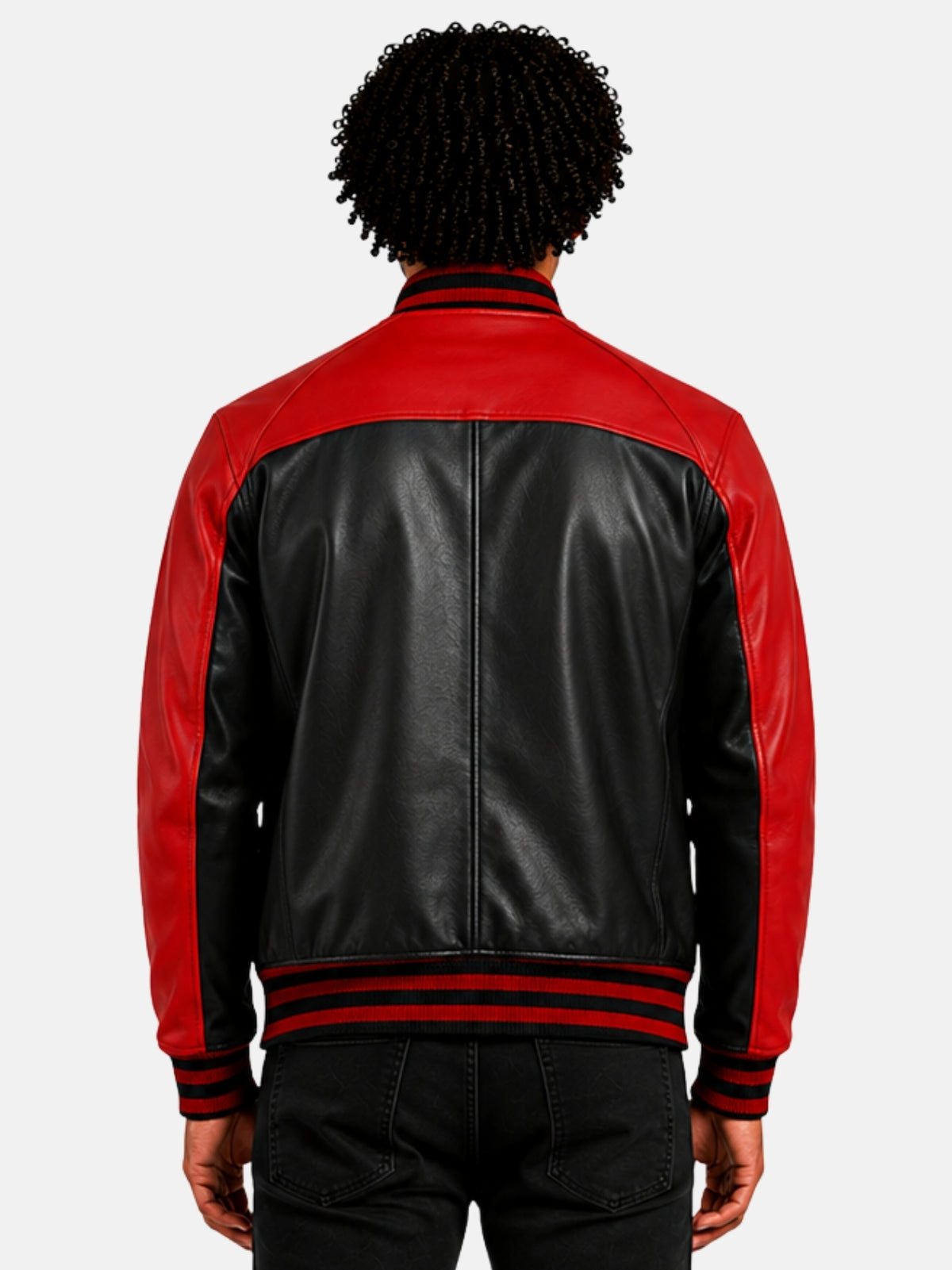 Model showing red yoke and black back panel of leather varsity jacket