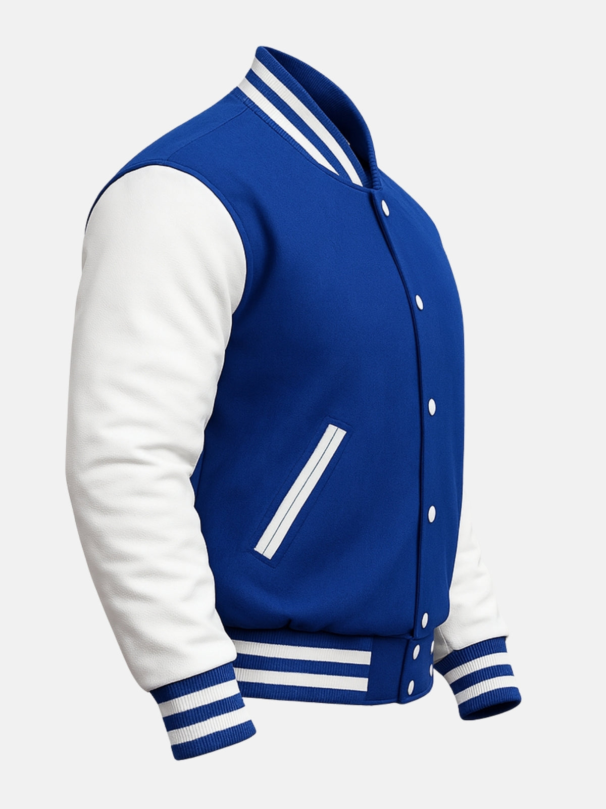 Angled view of royal blue college jacket showing white-trimmed welt pocket and snap placket