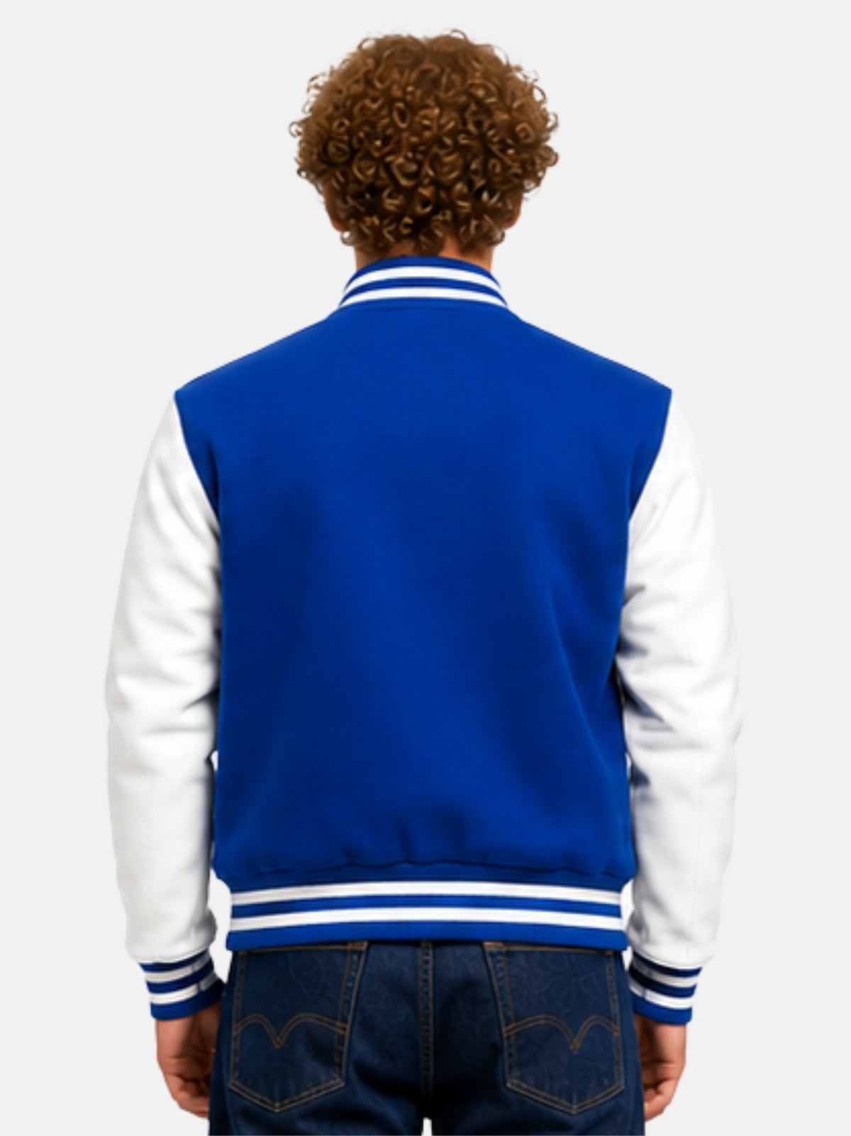 Model showing plain royal blue back panel of letterman jacket with white sleeves