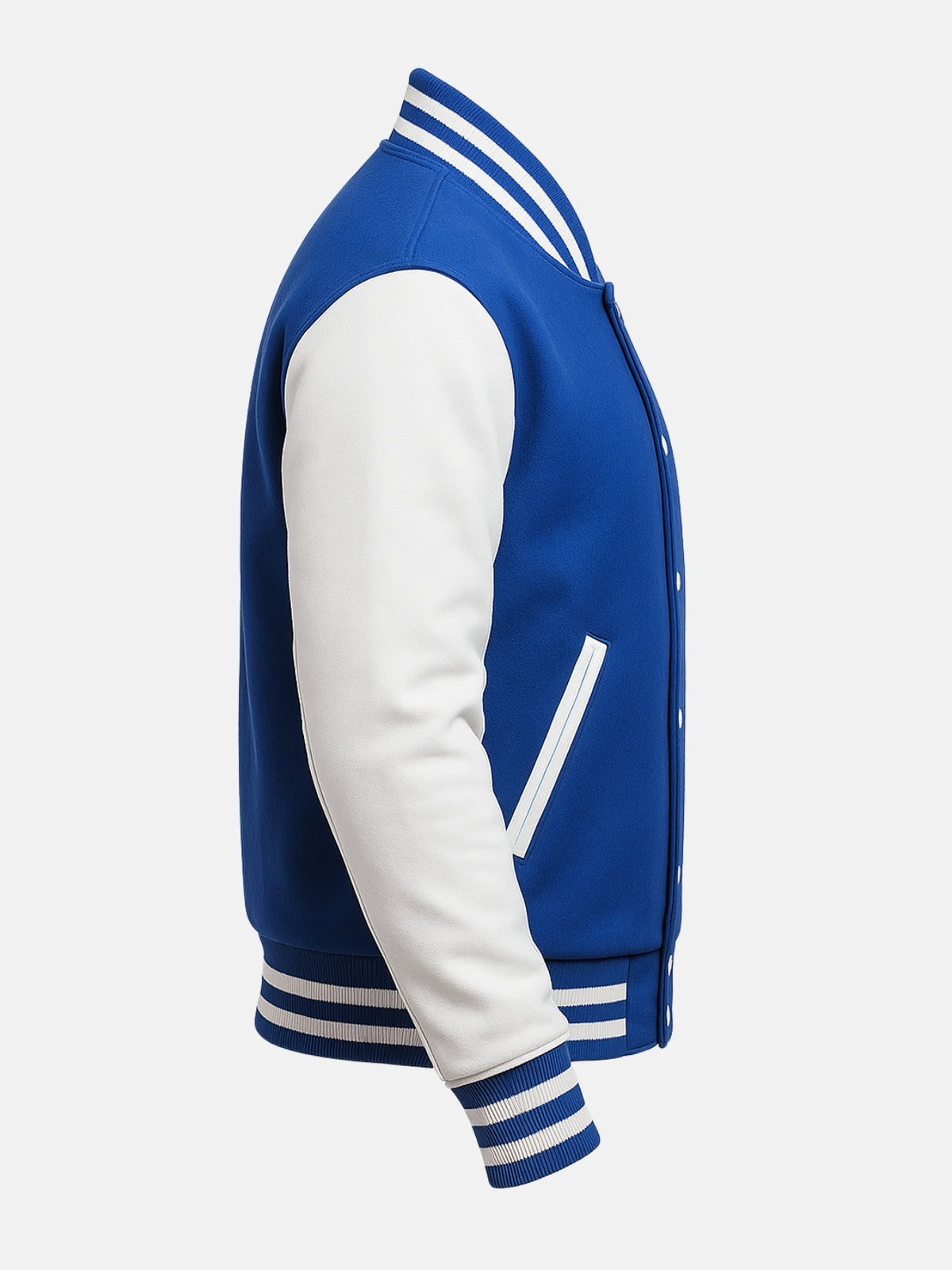 Royal blue varsity jacket side view with white-piped welt pocket and double-stripe trim