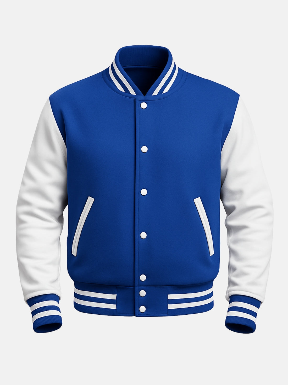 Man wearing royal blue varsity jacket with white leather sleeves and striped rib collar, front view