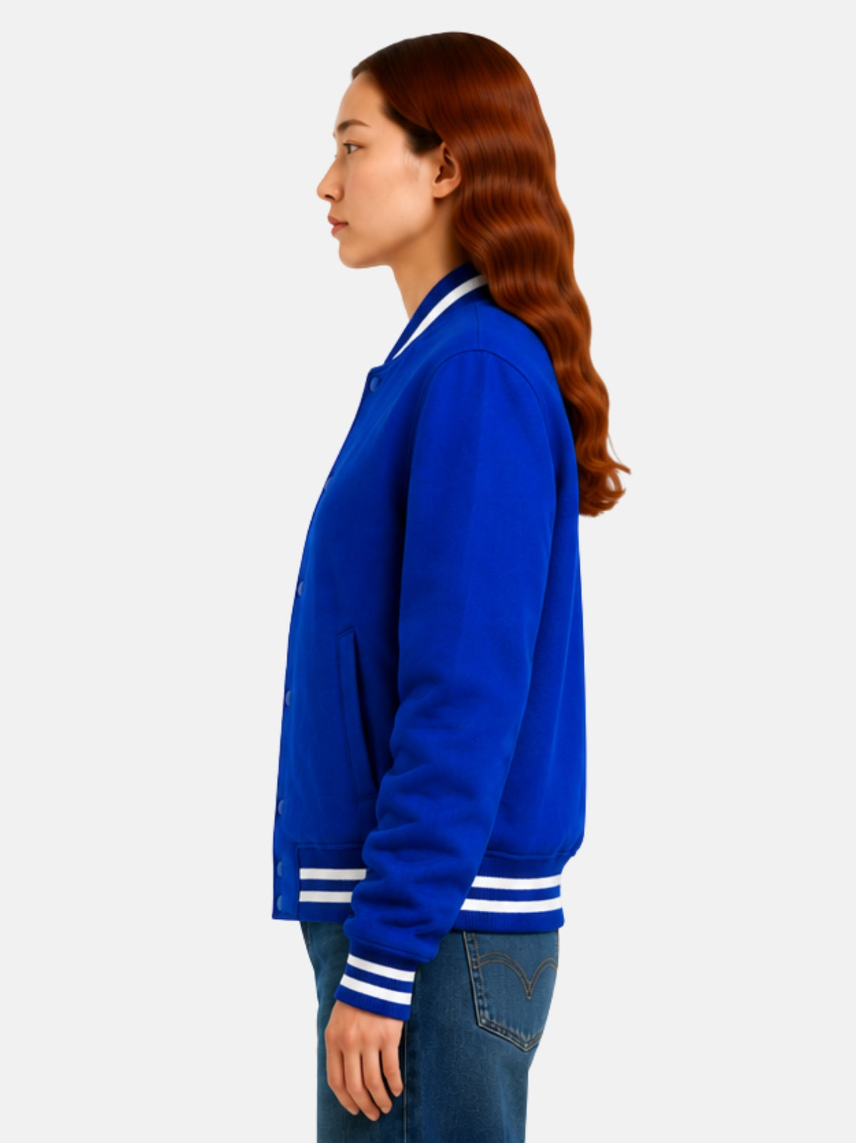 Side profile of royal blue wool jacket showing welt pocket and boxy fit