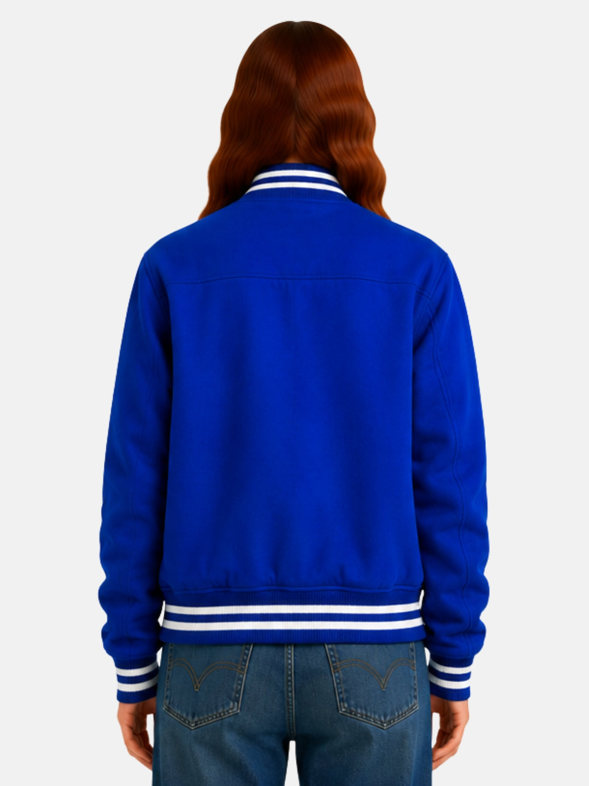 Back view of royal blue wool letterman jacket with white striped ribbing