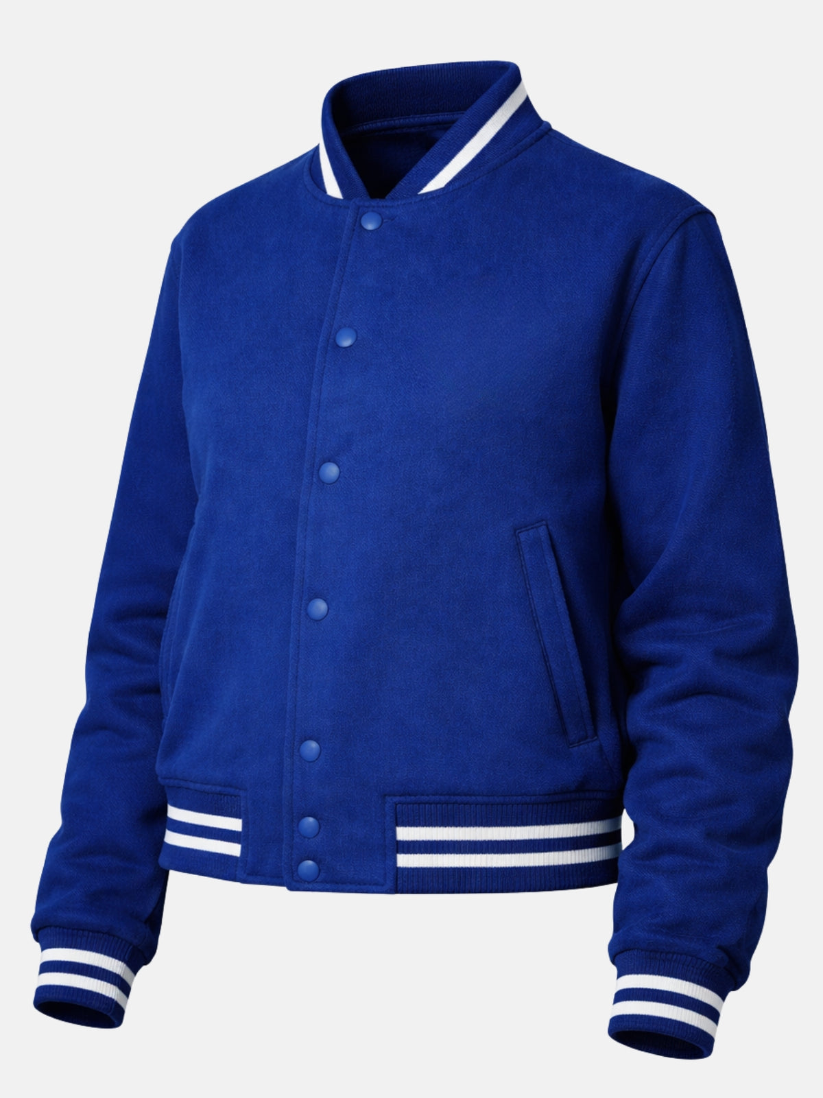 Flat lay front of royal blue wool jacket showing full snap placket